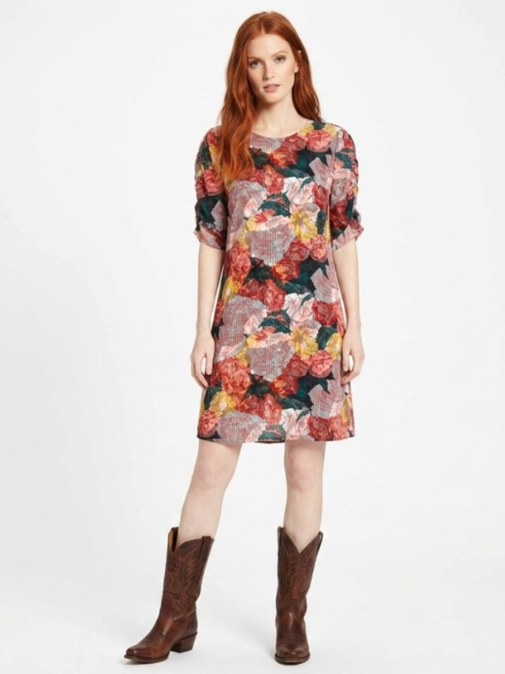 Halogen | Striped Floral Abstract Shift Dress with Ruched Sleeves | Size Small